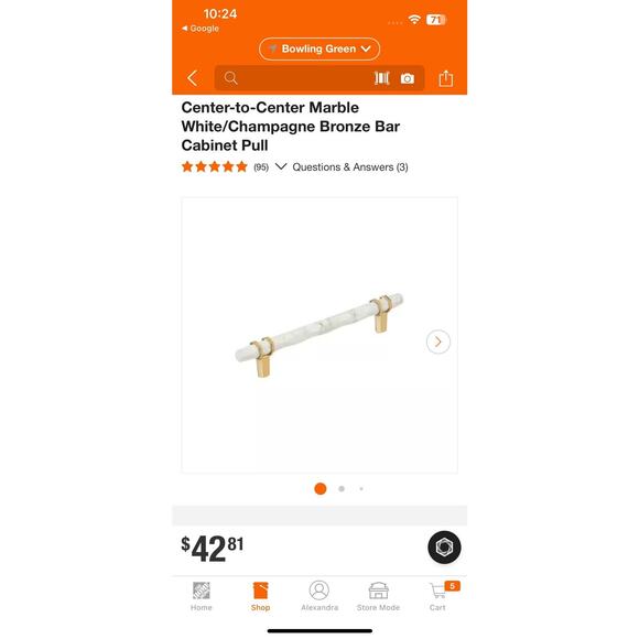 Amerock BP36650MWCZ Carrione 6-5/16” 160mm C To C Bar Cabinet Pull Marble NIB - Picture 5 of 5